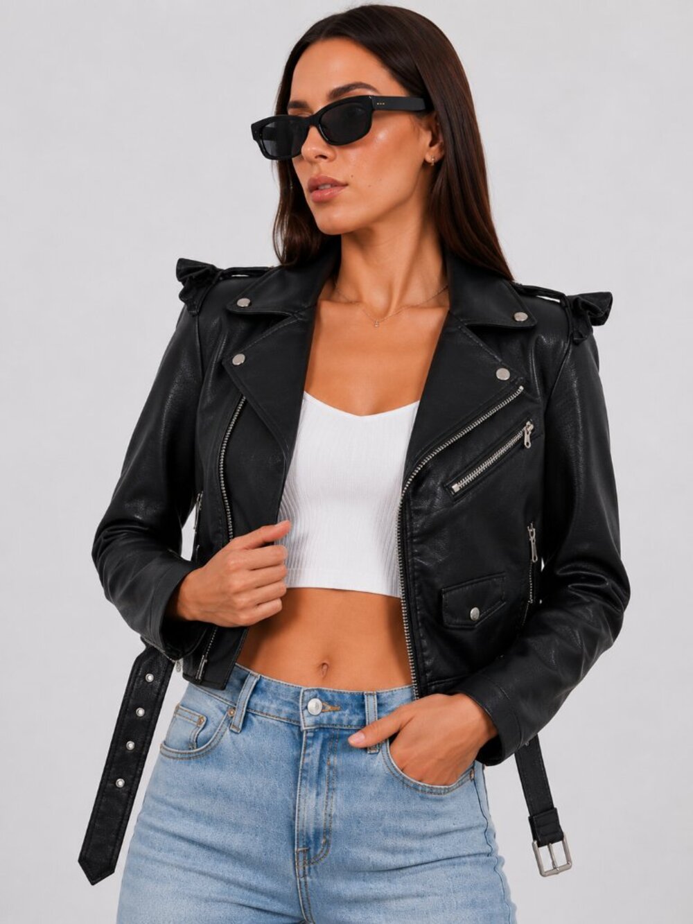Black Cropped Faux Leather Moto Jacket Ruffle Shoulder Belted NWT